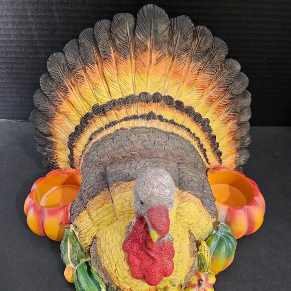 Large Resin Thanksgiving Colorful Turkey Centerpiece With 2 Candle Holders 2 LED - Picture 4 of 12